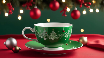 Fototapeta premium Beautiful Christmas winter hot green teacup standing on a red tablecloth with ornaments background.