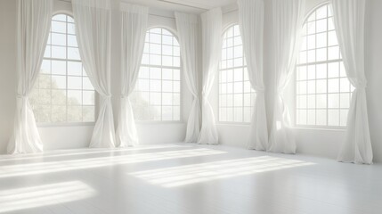 A spacious, minimalist room with four arched windows and white curtains. Sunlight streams in, casting long shadows on the pristine white floor.