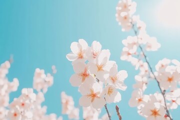 Fototapeta premium 青空の下で咲く春の桜の花々が美しい日差しに照らされる情景