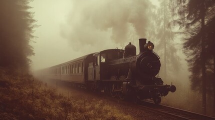 Obraz premium A vintage steam locomotive chugs through a misty forest, leaving a trail of smoke.