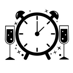 Black and white illustration of an alarm clock at 11:55, surrounded by champagne glasses and sparkles. Perfect for celebrating New Year 2025 with style and excitement.