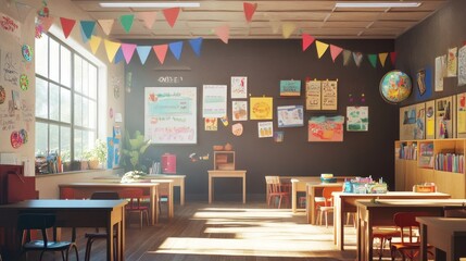Illustration of decoration of bilingual education classroom where children learn. Ai generated image