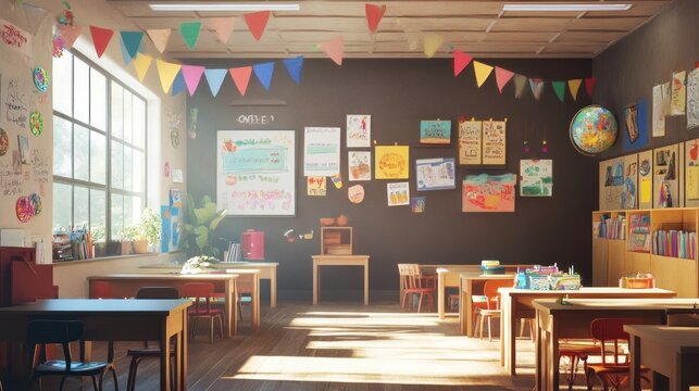 Illustration of decoration of bilingual education classroom where children learn. Ai generated image
