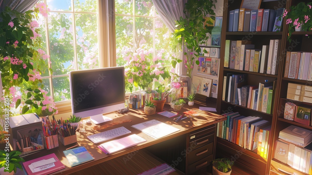 Poster a neatly organized desk setup with simple stationery and potted plants.