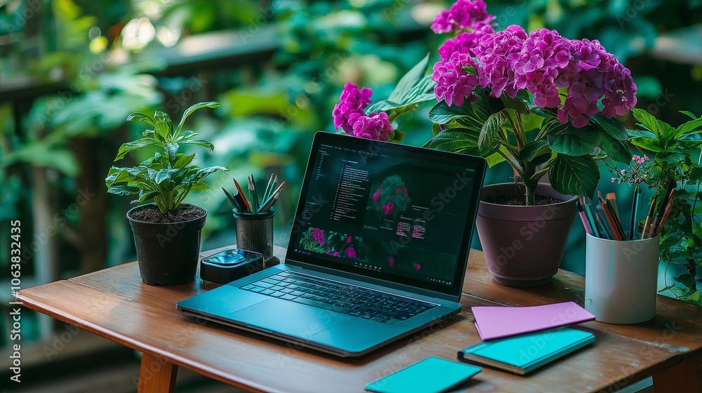 Poster a neatly organized desk setup with simple stationery and potted plants.