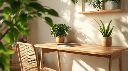 A modern and minimalist home office with a wooden desk, a comfortable chair, and potted plants. Natural light creates a bright and airy atmosphere.