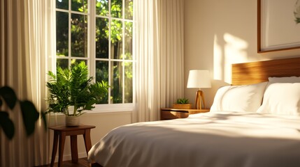 Naklejka premium A bright and airy bedroom with warm white walls, featuring a comfortable bed with white linens, a window with natural light streaming in, and a lush green plant on a side table.