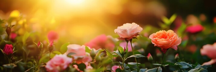 A beautiful field of roses bathed in warm sunset light, showcasing nature's vibrant colors and delicate beauty.