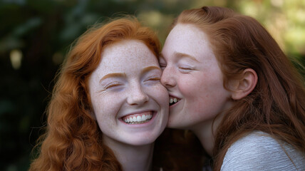 Fototapeta premium A joyful moment of a red-haired person being kissed on the cheek by a friend