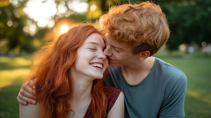 Fototapeta premium A joyful moment of a red-haired person being kissed on the cheek by a friend
