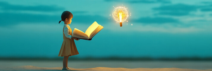 Fototapeta premium A young girl holds a book open, revealing a glowing lightbulb, symbolizing the power of imagination, knowledge, dreams, and possibilities.