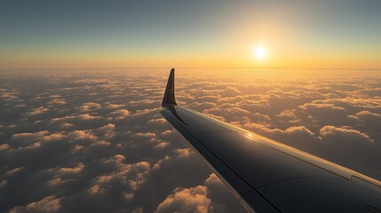Obraz premium courier jet flying over the clouds, carrying cargo in its hold, with the sun rising on the horizon,
