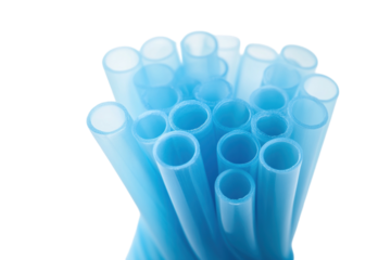 Bundle of blue plastic drinking straws, isolated, white background. PNG transparent.