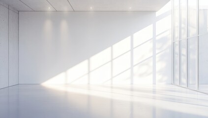 Obraz premium 明るい白い空間の中に差し込む陽光の美しい影とシンプルなデザインの室内