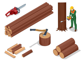 Isometric lumberjack male character holding an axe and wood log. Woodcutter saws tree with chainsaw on sawmill. Firewood processing