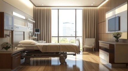 Explore the modern design of a hospital patient room with natural light