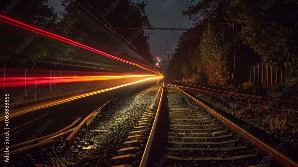 Poster the end of the rail line disappearing into the darkness with light trails of a passing train adding 