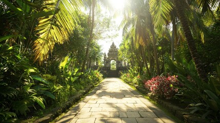 Obraz premium Enchanting Jungle Trail to Grand Temple: A Path of Adventure and Discovery Surrounded by Lush Greenery and Vibrant Blooms