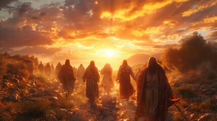 professional illustration Jesus greets individuals various nations as they approach all directions enveloped radiant sunset colors ethereal setting.