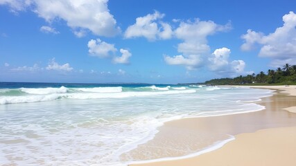 A vibrant beach scene with colorful umbrellas and lounge chairs against a clear blue sky, tropical, waves