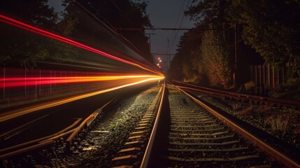 The end of the rail line disappearing into the darkness with light trails of a passing train adding a touch of mystery.
