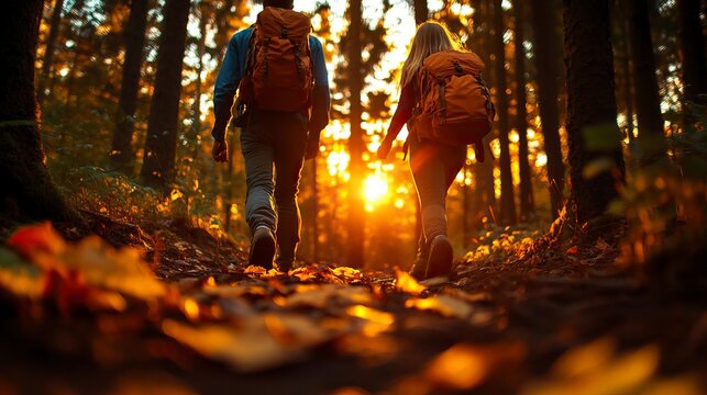 Couple hiking through a forest, capturing the spirit of adventure and relaxation during a long weekend