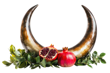 Shofar horns arranged with pomegranates and leaves, circular pattern, white background. PNG transparent.