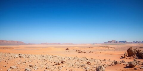 A vast, arid desert landscape with sand dunes and rocky terrain under a clear blue sky, dry, remote