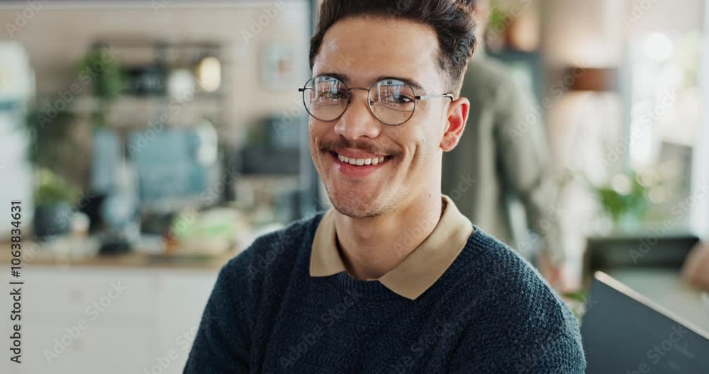 Fototapete Man, office and face with happiness for coding, programing and system update as software engineer. Male person, employee and smile with confidence for innovation project and data development