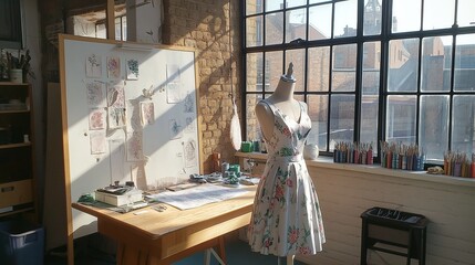 fashion design student working on a dress on a mannequin in a trendy, sunlit workshop, with fabric samples and sewing tools creating a sense of creative ambition