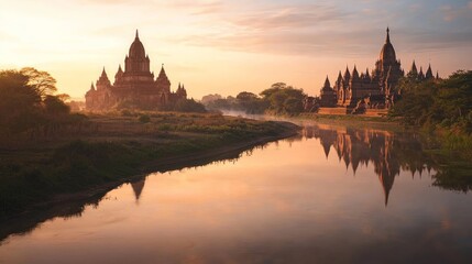 Enchanting Sunset Reflections: Ancient Temple by Winding River | Ultra-Detailed Nature and History Landscape Photography