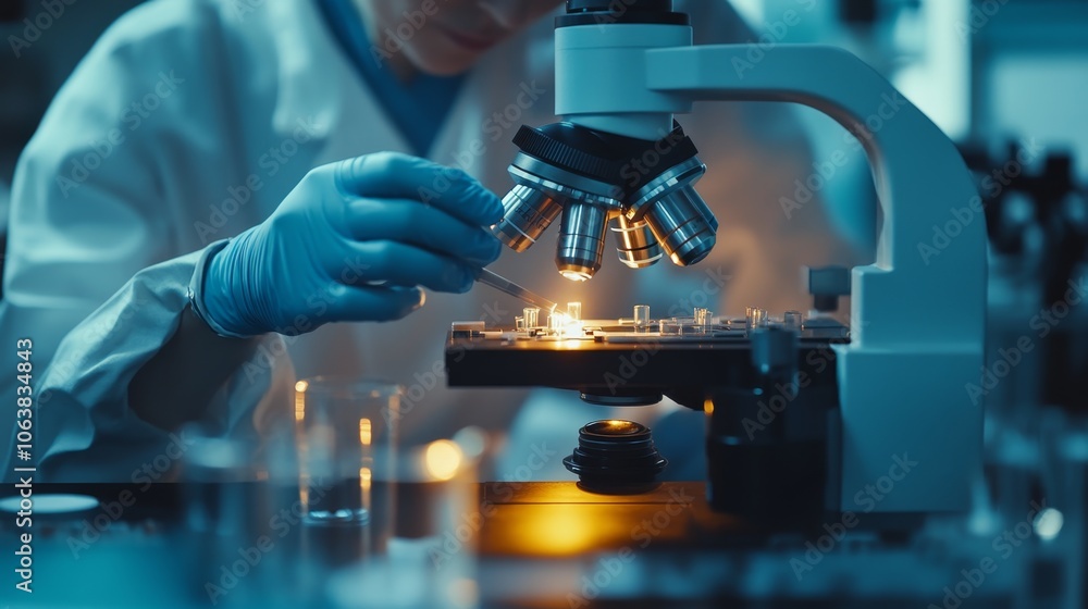 Poster scientist conducts precise experiments using advanced microscopy techniques in a state-of-the-art la