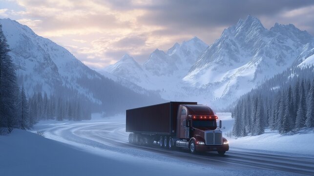 fast-moving truck driving through a snowy mountain pass, carrying essential supplies, with snowy peaks