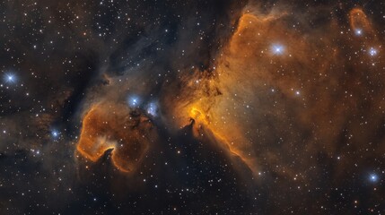 Obraz premium A vibrant nebula, a cloud of gas and dust in space, glows with orange and blue light against a backdrop of countless stars.