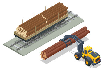 Isometric freight train loaded with pine trunks showcases a powerful locomotive hauling timber along the railway platform. Railway freight wagons, railway platform for timber transportation.