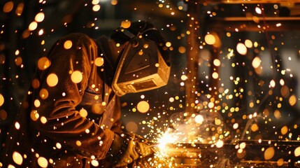 Sparks fly as a worker welds a metal sign onto a building adding a final personalized touch to the construction project.