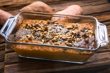 Mashed Sweet Potatoes in wooden rustic table. Healthy food