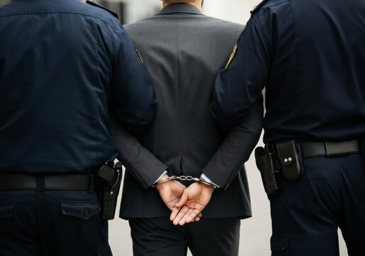Police officers arrest a man in a suit while handcuffed on a city street during the day
