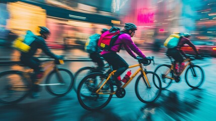cyclists wearing bright delivery gear, pedaling swiftly through a vibrant city street