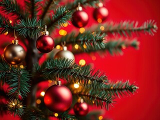 Christmas tree adorned with ornaments and glowing bokeh lights on a vibrant red background, shiny