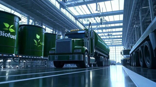 Truck loading biofuel in a modern industrial facility during the day with green storage tanks in the background