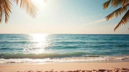 Fototapeta premium A serene beach with soft golden sand and crystal clear blue water under a bright blue sky with gentle waves lapping at the shore, landscape, tropical