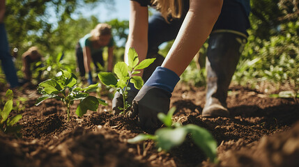 A rural landscape with volunteers planting trees as a symbol of growth and resilience for human rights