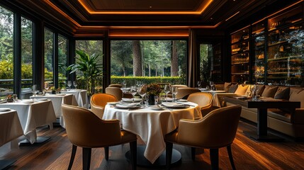 Obraz premium A modern restaurant interior with large windows overlooking a lush green garden. The tables are set with white linens and silverware, and the chairs are upholstered in a warm brown leather. 
