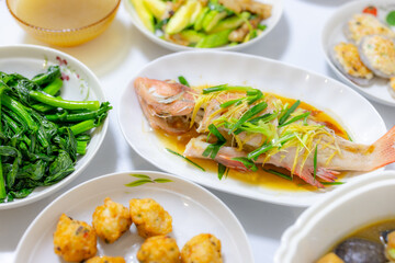 Hong Kong Family Dinner with Steamed Fish and Stir Fried Vegetables