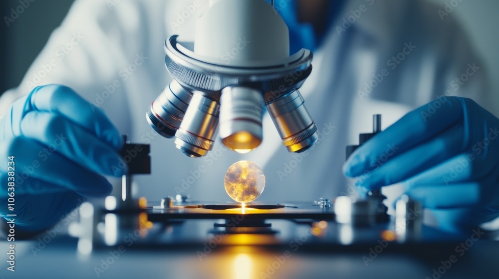 Poster scientist examines microscope sample to discover new insights in science