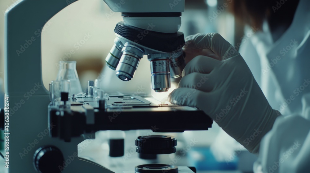 Poster scientist examines microorganisms under a microscope in laboratory