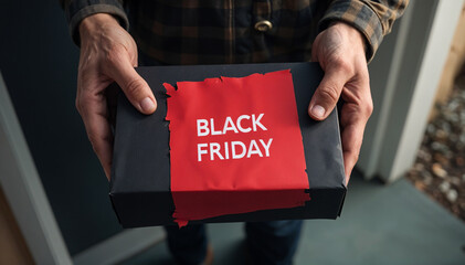 Delivery of a Black Friday box at a home door, highlighting the excitement of the shopping season.