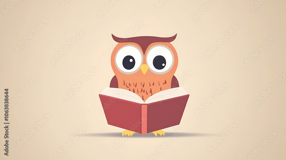 Poster wise owl reading an open book in a stylized design