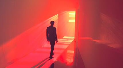 Mysterious Silhouetted Figure in Eerie Red Lit Hallway